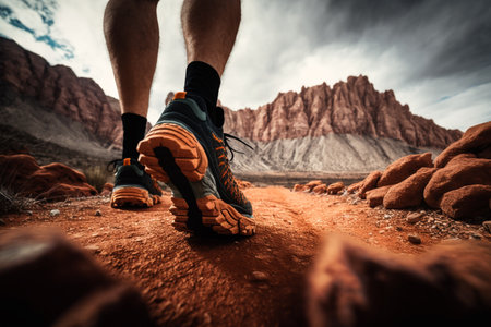 Man running on mountain trail, extreme sport and healthy lifestyle concept. Generative AIの写真素材