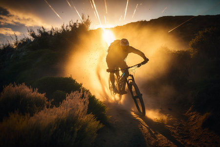 Cyclist Riding a Mountain Bike on a Rocky Trail at Sunset. Extreme Sports Concept. Generative AIの素材