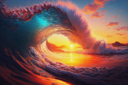 Surfing big ocean wave at sunset. 3D Rendering. Generative AIの素材