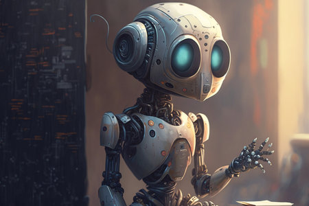 3d rendering robot in a science fiction scene. Futuristic robot. Artificial intelligence Concept, Generative AIの素材