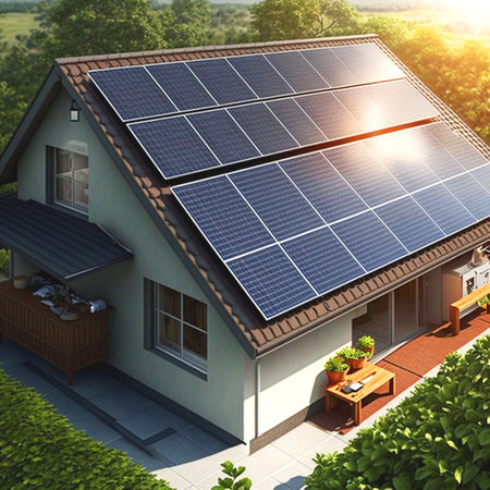 Solar panels on the roof of the house. Photovoltaic panels on the roof of the house. 3d render. Solar Energy Concept, Renewable Energy, Generative AIの素材