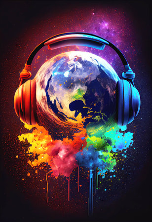 Earth planet with headphones and colorful splashes on black background, music concept World Music Concept, Generative AIの素材