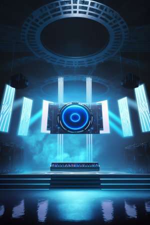 Abstract futuristic background with blue lights, 3d rendering toned image Empty Futuristic Disco Club, Generative AIの素材
