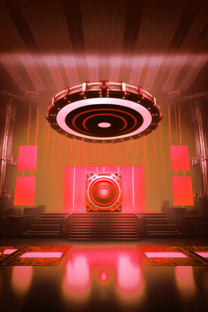 Futuristic stage with red lighting and spotlights, 3d rendering Empty Futuristic Disco Club, Generative AIの素材