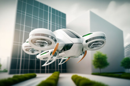 UFO flying over the city. 3d rendering toned image Generative AIの素材