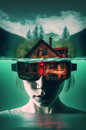 Double exposure portrait of woman in virtual reality glasses with house in water.  Lake House Mystery Crime Scene  Generative AI Thriller Posterの素材