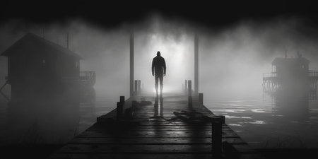 Man walking on a pier in a foggy night. 3D renderingの素材