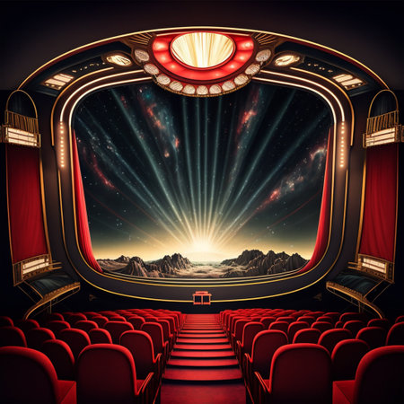 Cinema interior with red seats and spotlights. Vector illustrationの素材