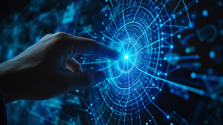 Businessman hand touching digital blue world map on dark background 3D renderingの素材