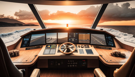 Helicopter cockpit on a yacht during sunset. Luxury Yacht Illustrationの素材