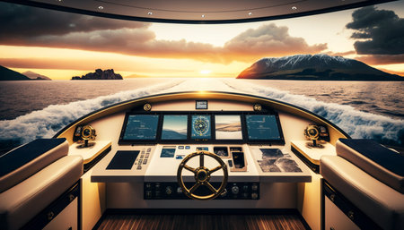 Interior view of a ship's cockpit with a view of the sea and mountains. Luxury Yacht Illustrationの素材