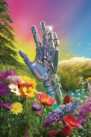 Robot hand with colorful flowers in the garden. Future technology concept Vintage Collage Illustrationの素材