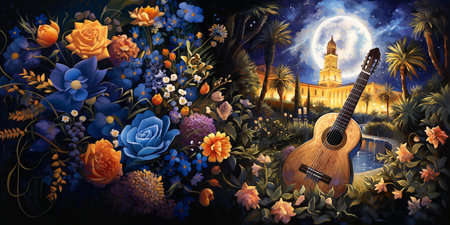 Classic Spanish Flamenco Guitar Banner with Andalusian Architecture and Floral Background Illustrationの素材