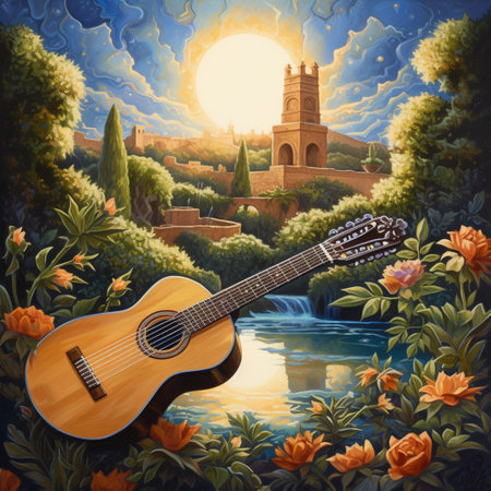 Classic Spanish Flamenco Guitar Banner with Andalusian Architecture and Floral Background Illustrationの素材