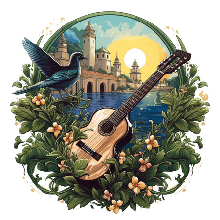 Classic Spanish Flamenco Guitar Banner with Andalusian Architecture and Floral Background Illustrationの素材