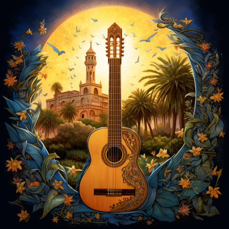 Classic Spanish Flamenco Guitar Banner with Andalusian Architecture and Floral Background Illustrationの素材
