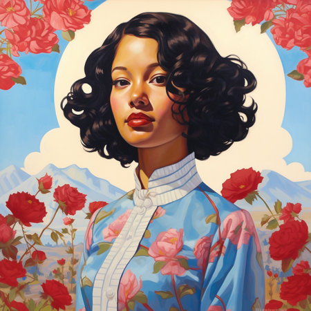 Portrait of a beautiful Asian Japanese woman with flowers on the background of the moonの素材