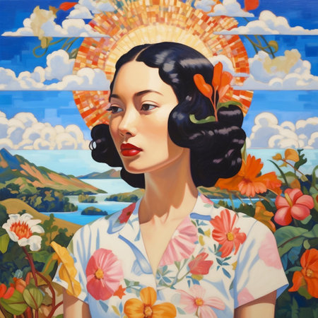 Illustration of a beautiful Asian Japanese woman with a flower in her hair.の素材