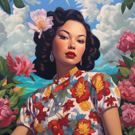 Portrait of a beautiful young Asian Japanese woman with flowers in her hair.の素材