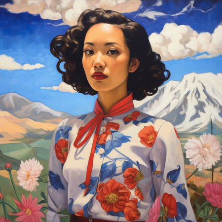Portrait of a beautiful young Asian Japanese woman in a kimono on a background of mountains Illustrationの素材