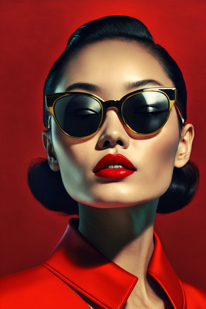 Fashion portrait of a beautiful Asian woman in red jacket and sunglasses.の素材