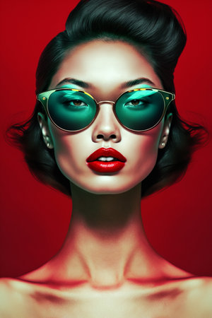 Fashion portrait of a beautiful Asian woman wearing sunglasses. Beauty, fashion. Optics.の素材