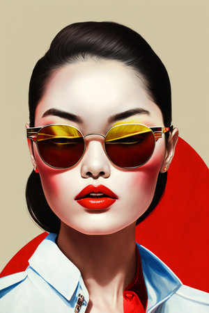 Portrait of a beautiful asian woman with red lips and sunglasses.の素材