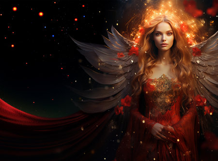 Beautiful redhead angel girl with wings and red rose petalsの素材