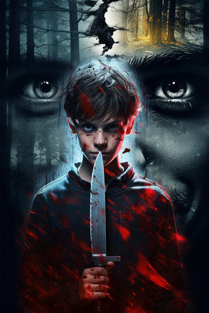 Horror Thriller Portrait of a Kid Boy Serial killer Holding a Knife With Blood Splatters Movie Poster Cover Book Poster Illustrationの素材