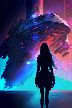 Mysterious woman in dark space in front of Spaceship. Fantasy illustration.の素材