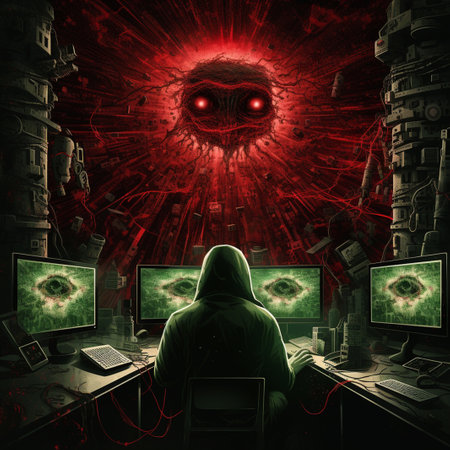 Hacker hacking a computer network in a dark room, illustration New World Orderの素材