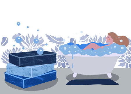 Flat Style Illustration of a Woman Taking Bubble Bath, Body Wash Bubble Soap Product, Copy Space, Fizzy Bubbly Bath, Spa Health Wellness Center Banner Illustrationの写真素材