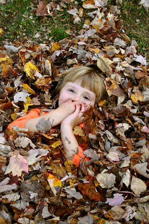 Little girl hiding in pile of leaves.の写真素材