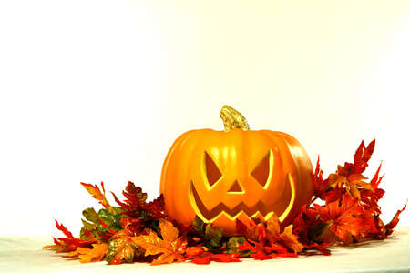 Pumpkin and fall leaves isolated on white.の写真素材