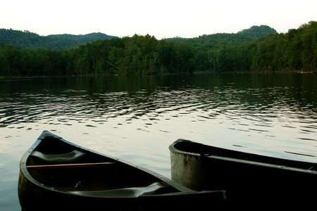 Row boats on shore of Lake Sereneの写真素材