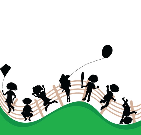 silhouettes cartoon kids couple outdoor playingのイラスト素材