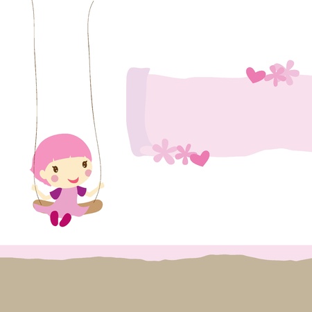girl on swing with scrolled paper, flowers and heartsのイラスト素材