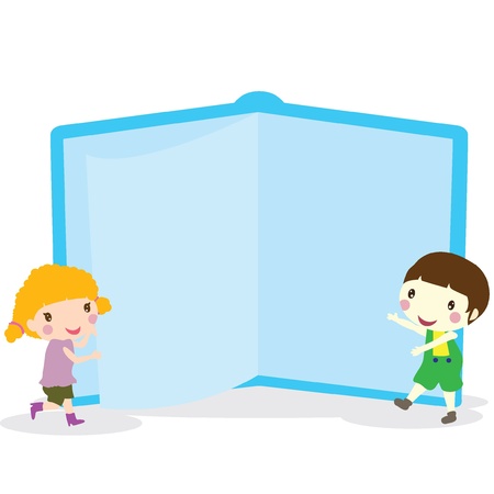 two children with a blue giant bookのイラスト素材