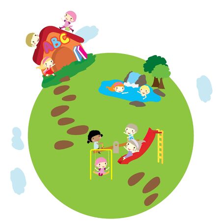 happy little children playing on earth backgroundのイラスト素材