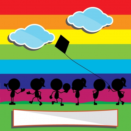 children silhouettes with rainbow and clouds backgroundのイラスト素材