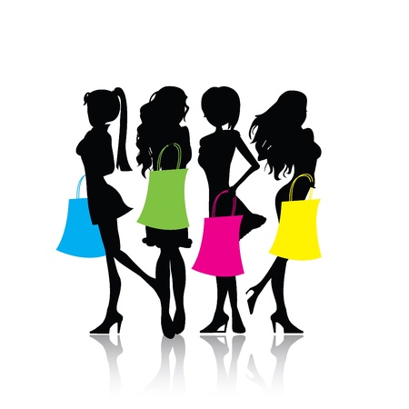 four isolated silhouette shopping girls with shopping bagsのイラスト素材