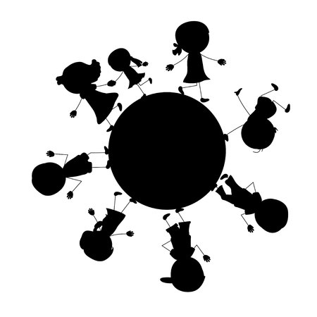 simple walking silhouettes kids in a circleのイラスト素材