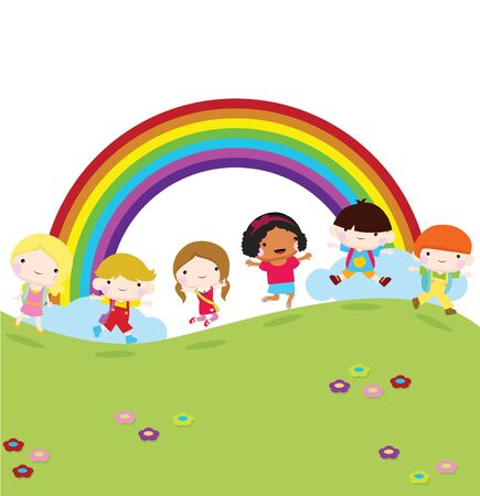 children running to school with grass and rainbow backgroundのイラスト素材