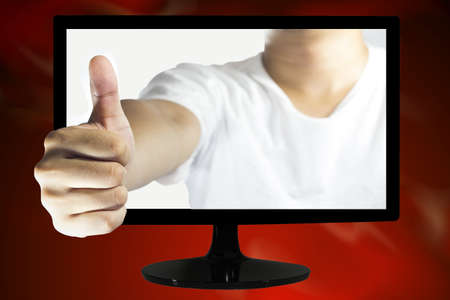 man hand gesturing the ok sign on TV