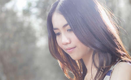 Close Up fashion  of a  autumn girl  wearing a striped Thailand.の写真素材