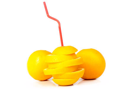 Orange juice and slices of orange on whiteの写真素材