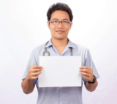 Male doctor with a folder, standing isolated on white 