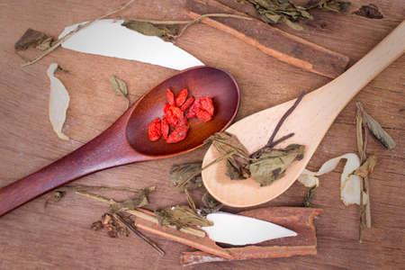 Spice scoop with cloves, star anise and cinnamon sticksの写真素材