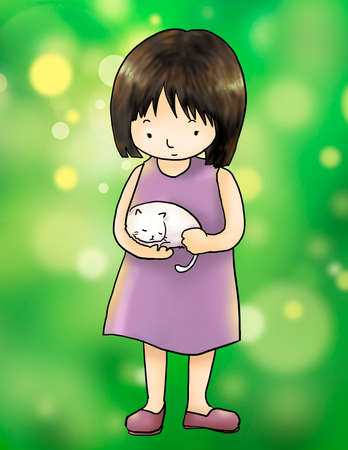 girl with cat green backgroundの写真素材