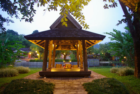 thai pavilion in resort at nightのeditorial素材